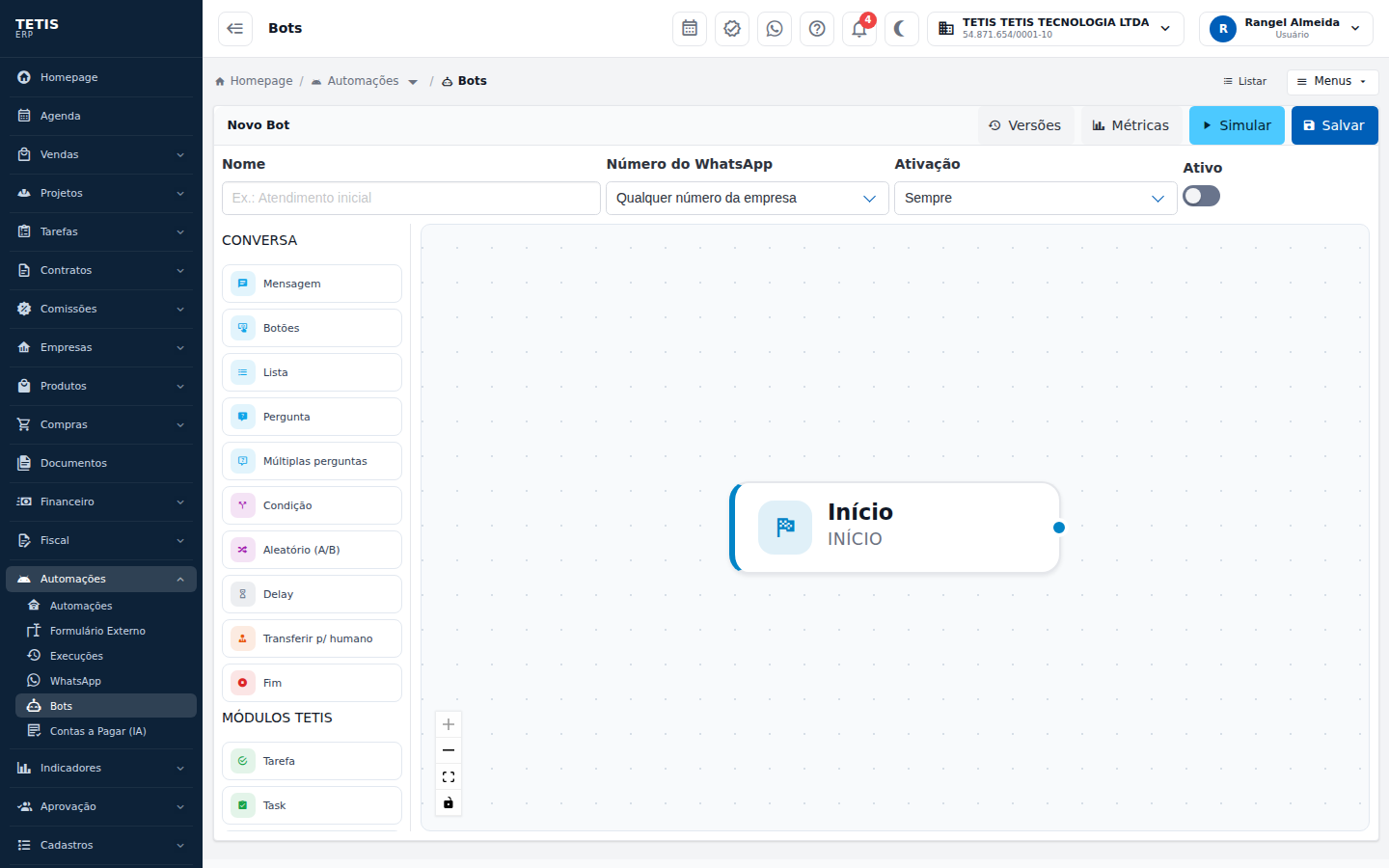 Construtor visual de bots do TETIS com nós ligados em canvas