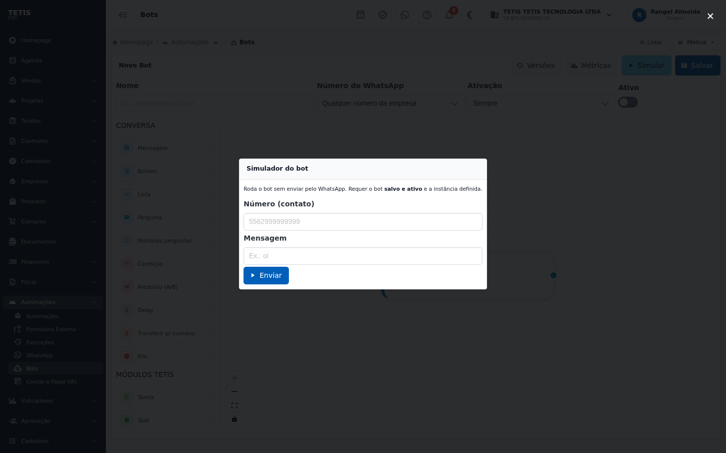 Simulador do bot do TETIS com o chat de teste e o caminho realçado no canvas