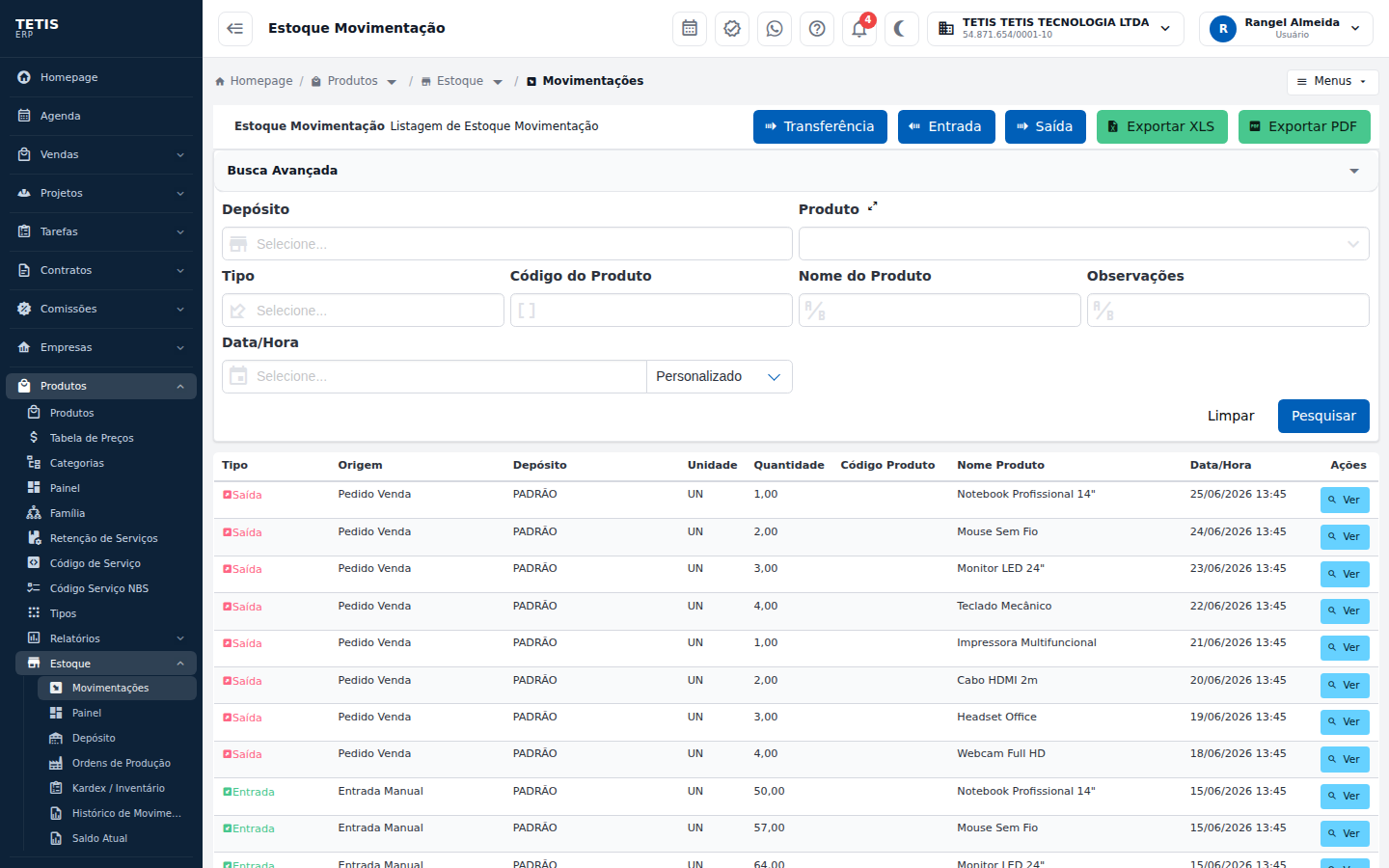 Lista de movimentações de estoque do TETIS com tipo, origem, produto e depósito