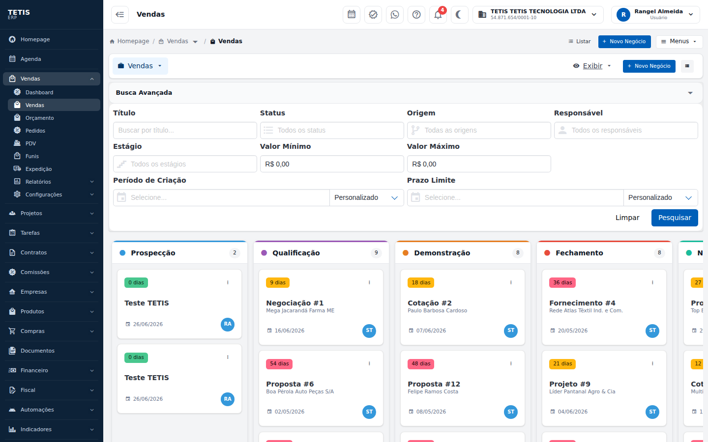 Kanban de oportunidades do TETIS, onde caem os leads capturados pelo formulário externo