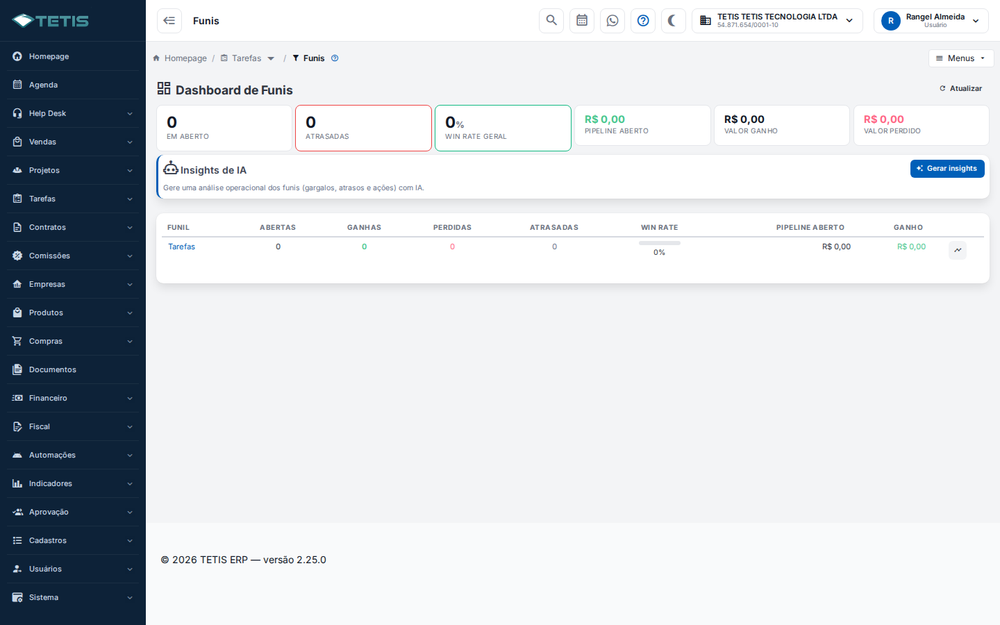 Painel de tarefas do TETIS com filtros no topo e indicadores por status